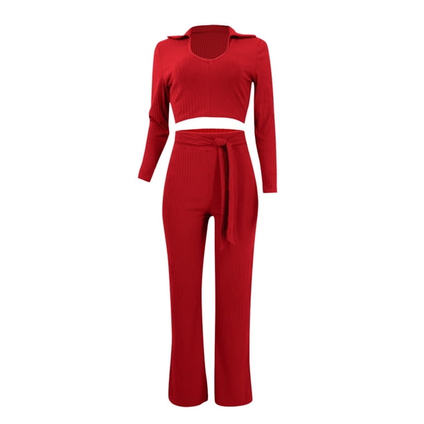 Gibobby Conjunto de yoga Conjunto de dos piezas de pantalones micro recortados con solapa en V profundo de color sólido a la moda para mujer de Europa y América(Rojo, XL)