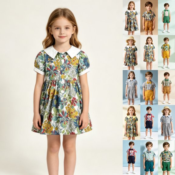 Baby Boy Girl Summer Outfits Floral Print Peter Pan Collar Girl Dress Kids Short Sleeve Floral Dress Matching Boy Plaid Suspender Outfit Sets