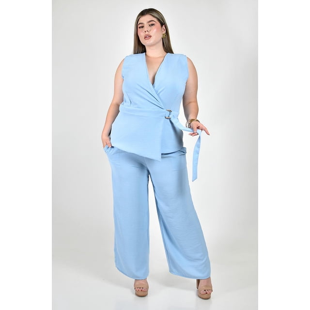 Set pantalon y blusa cruzada Roman Fashion /Tallas Extras, 4385 (Azul cielo) azul cielo 38