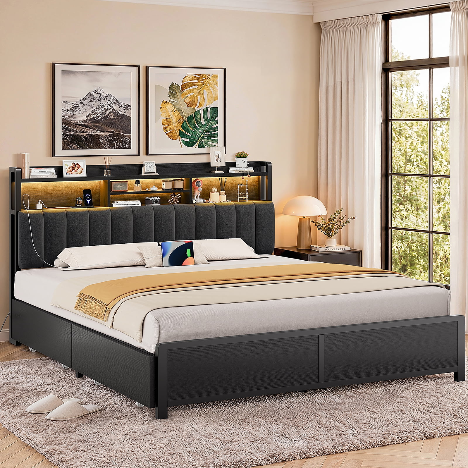 TEENFON Queen Bed Frame with Charging Station & LED Lights, Bed Frame Queen Size with 4 Storage Drawers, Upholstered Headboard with Shelves, Black, Noise Free