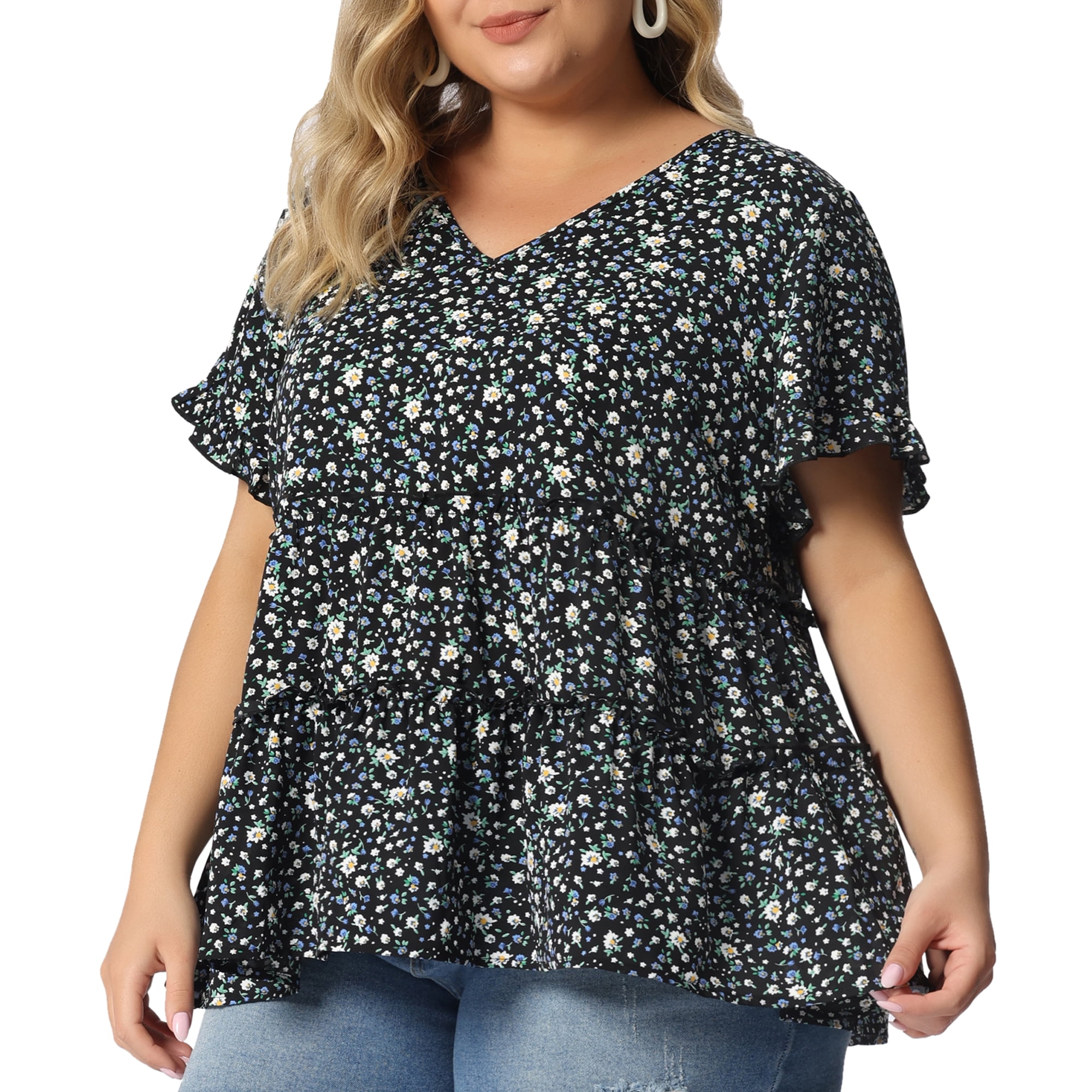DARING DIVA Women's Plus Size V Neck Short Sleeve Floral Babydoll Blouse L Black