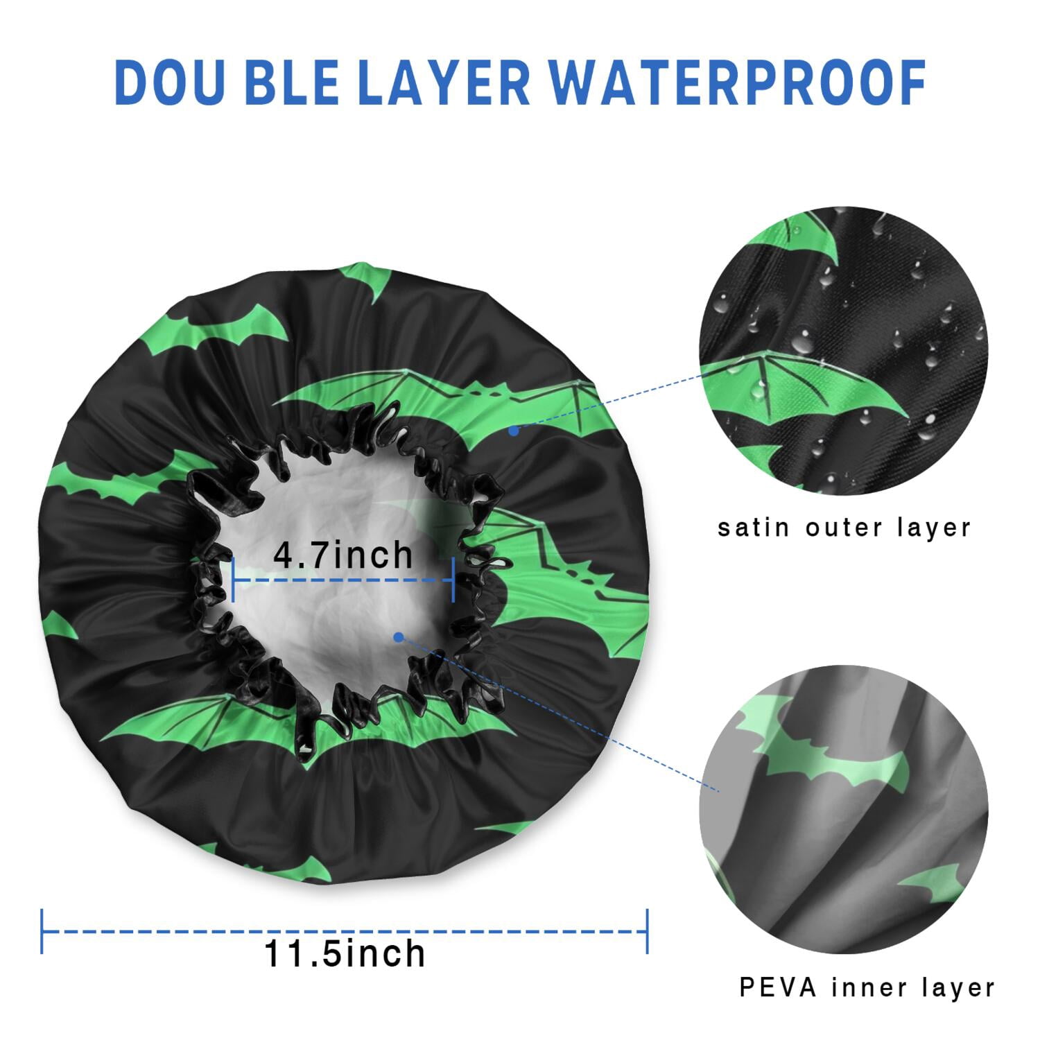 Shower Caps,Black Halloween Bats with Green Waterproof Shower Cap for Women 4 Pieces,Double Reusable Hair Cover for Shower PEVA Elastic Stretch Hem
