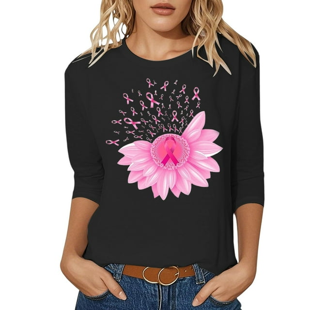 Fgnfyis T-Shirt de Sensibilisation au Cancer du Sein pour Femmes, Col Rond Décontracté, Manches Trois-Quarts, Imprimé, pour Usage Quotidien, Printemps Été Automne, Noir TG