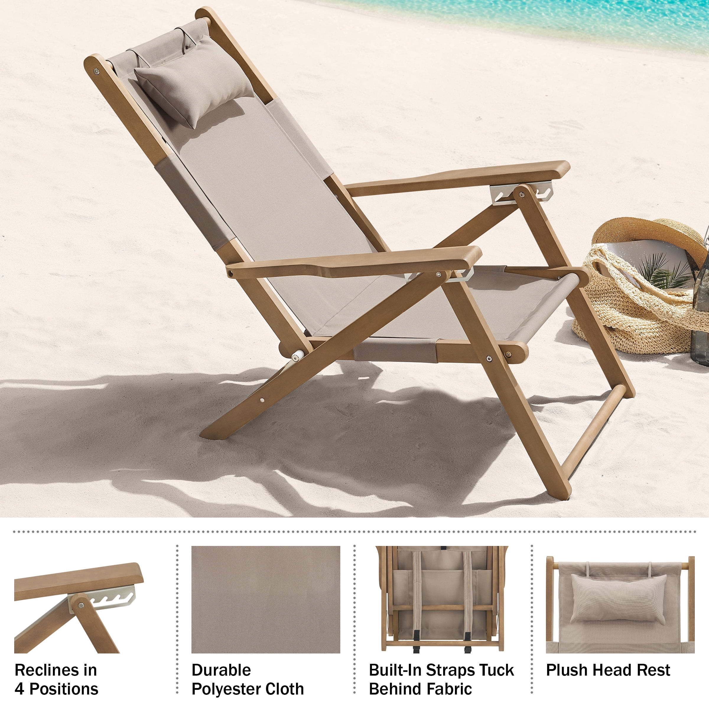 Lavish Home Weather Resistant Folding Beach Chairs – 4-Position Recliners with Carry Straps, Taupe