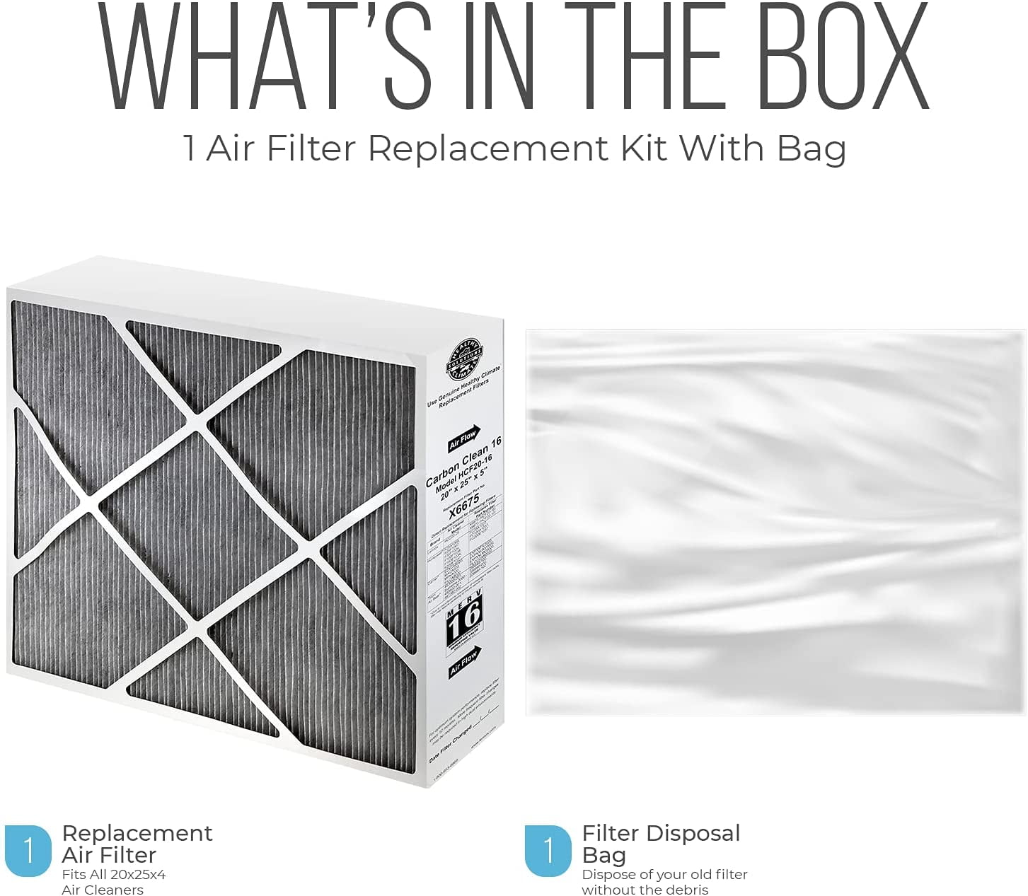 Lennox X6675 Furnace Filters, Carbon Clean Healthy Climate 20x25x5 Air Filter Replacement Merv 16 Filter Media with Homequip Disposal Bag (2 Pack)