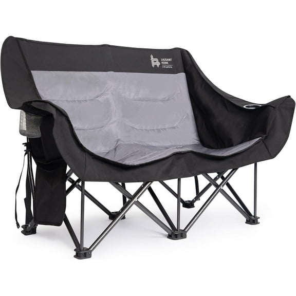 LAUSAINT HOME Double Camping Chair, Oversized Camping Loveseat with Cup Holder, Black
