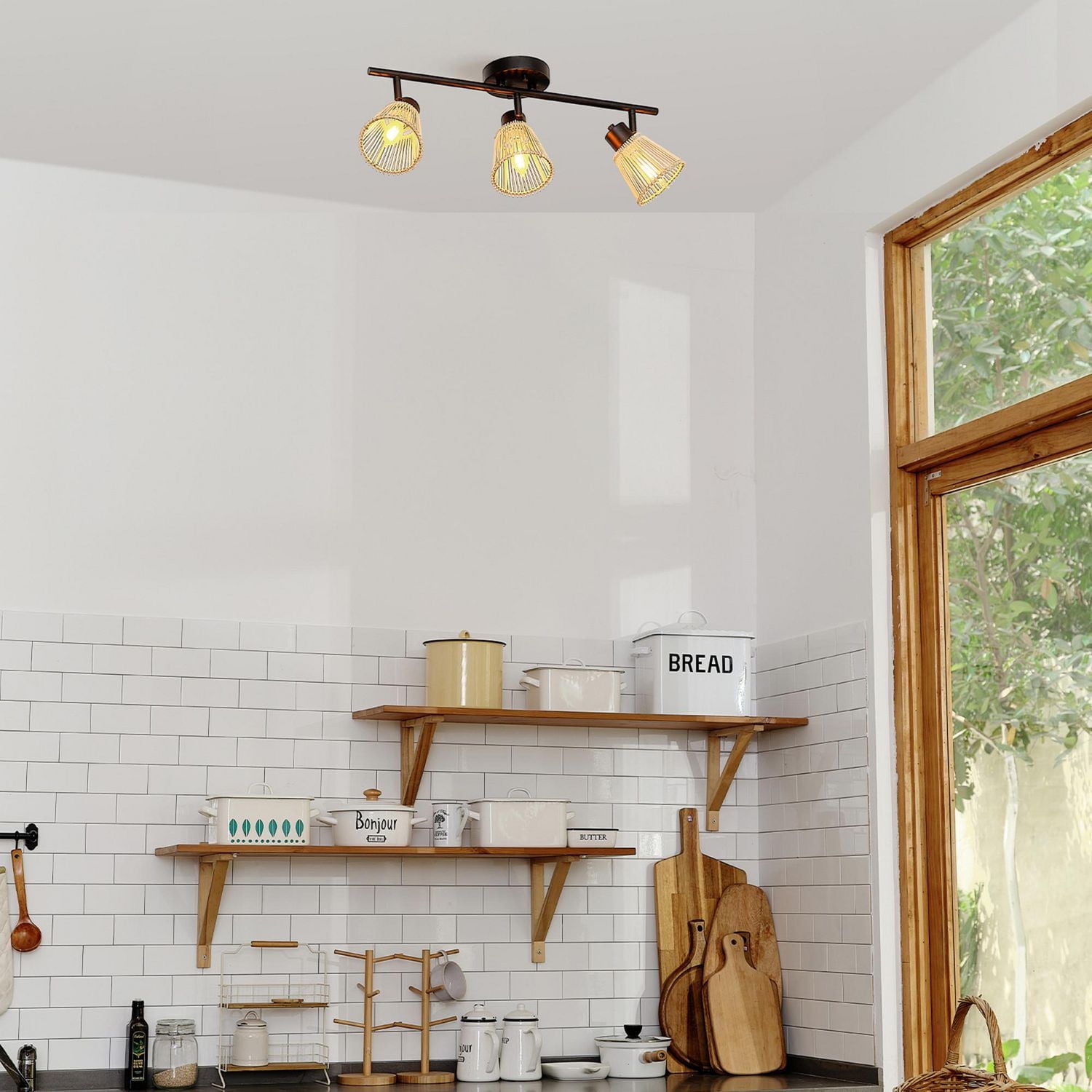 3-Light Matte Black Track Lighting with Bamboo Shades