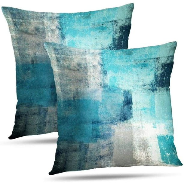Attoe Set Of 2 Teal Throw Pillow Covers Turquoise And Grey Art Decorative Cushion Cover For Home Bedroom Sofa Living Room 16x16 Inches 16 X 16