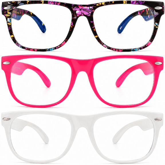 OWL Kids Blue Light Blocking Glasses for Boys & Girls, Clear Lens, Black Floral Pink Clear, 3 Pack