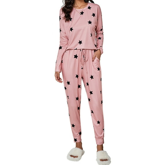 Joyshaper Womens Cotton Pajama Set Long Sleeve Tops Jogger Pants with Pockets Loungewear Sets(Pink Stars-2X)