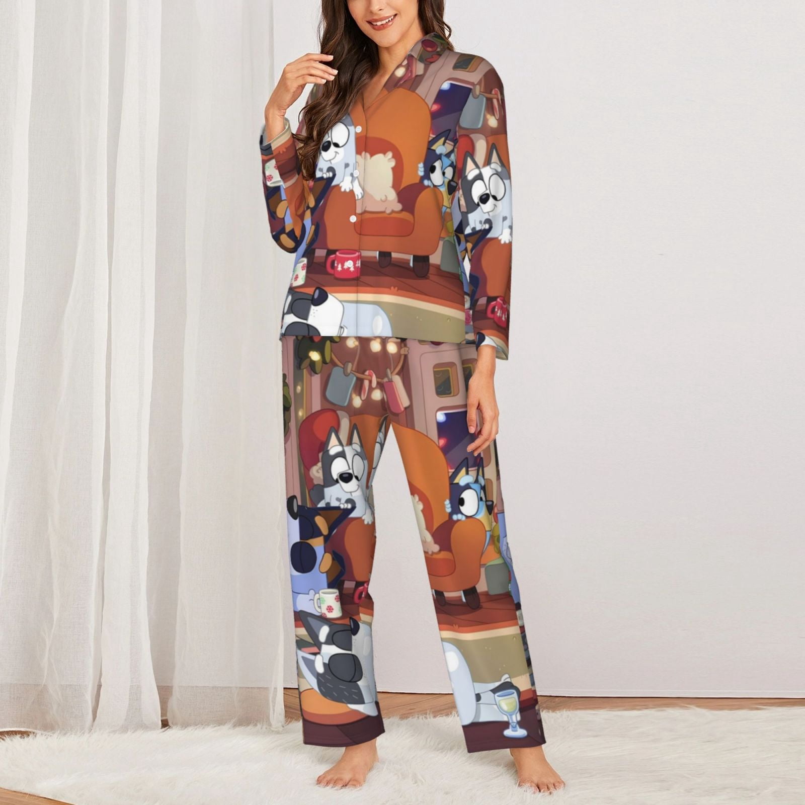 Silaia Bluey Print Women 2 Piece Pajama Set,Button Down Long Sleeve Sleepwear,Pjs Loungewear Sleepwear,Pj Lounge Sets-Large