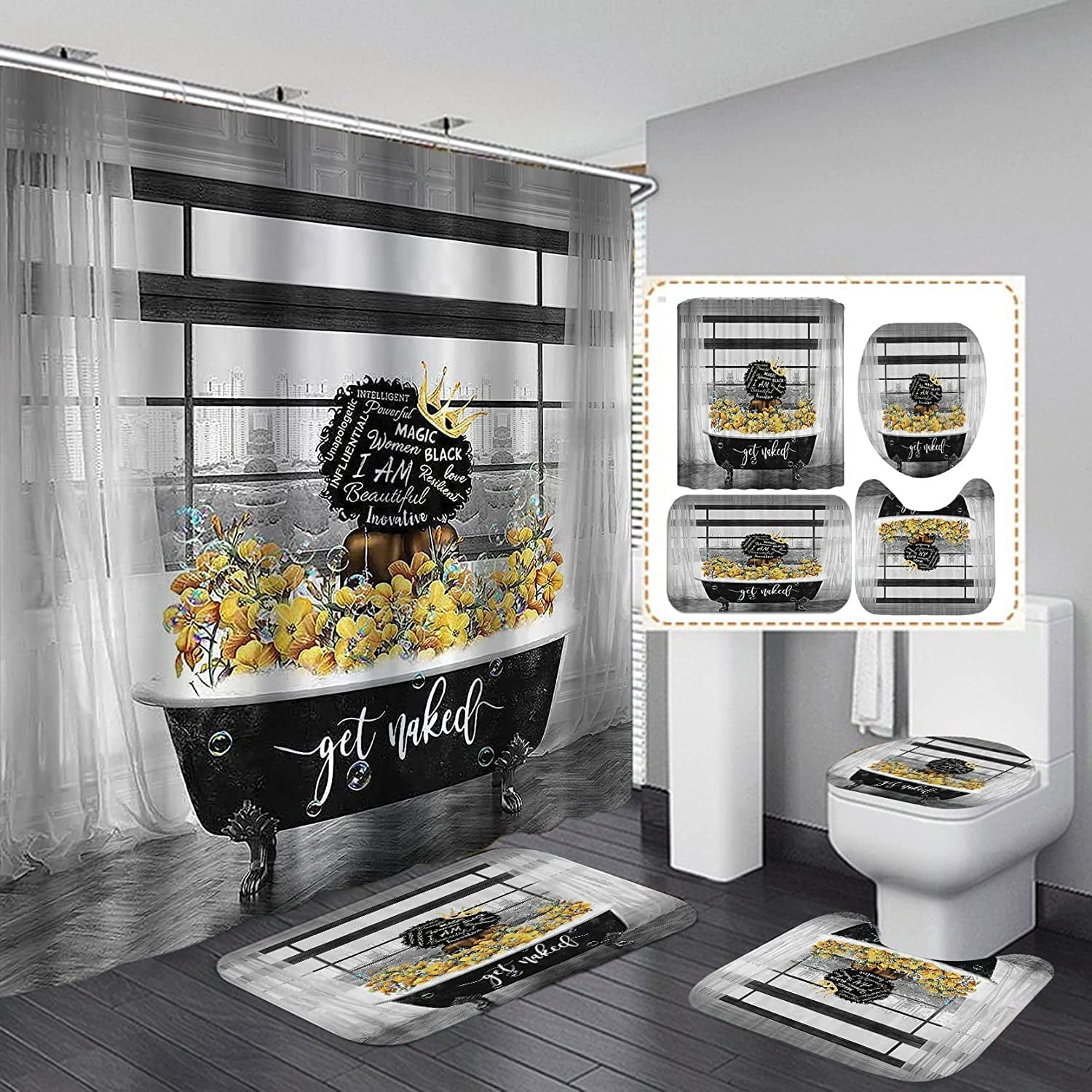 HTBUSC 4 PCS African Bathroom Sets with Rugs Colorful Quote Black Girl