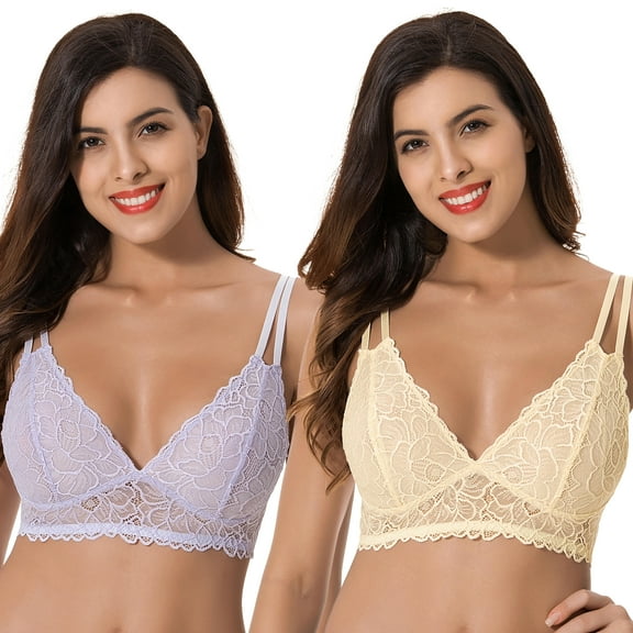 Curve Muse Plus Size Plunge Unlined Bralette with Floral Lace-2 Pack-YELLOW,LAVENDER-S