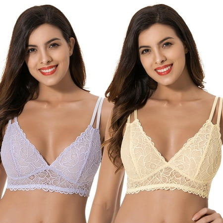 

Curve Muse Plus Size Plunge Unlined Bralette with Floral Lace-2 Pack-YELLOW LAVENDER-M