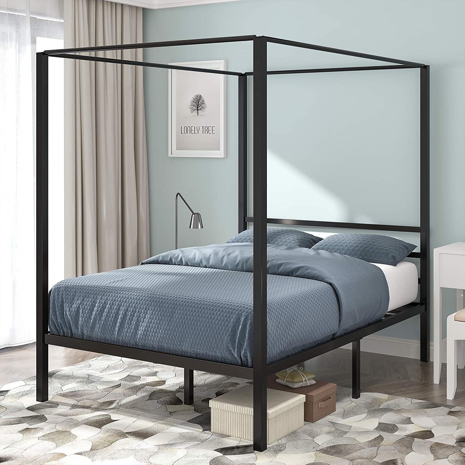 Dextrus Metal Canopy Bed Frame 14 Inch Platform Four Posters Bed with Built-in Headboard Strong Metal Slat Mattress Support, No Box Spring Needed, Black, Full Size