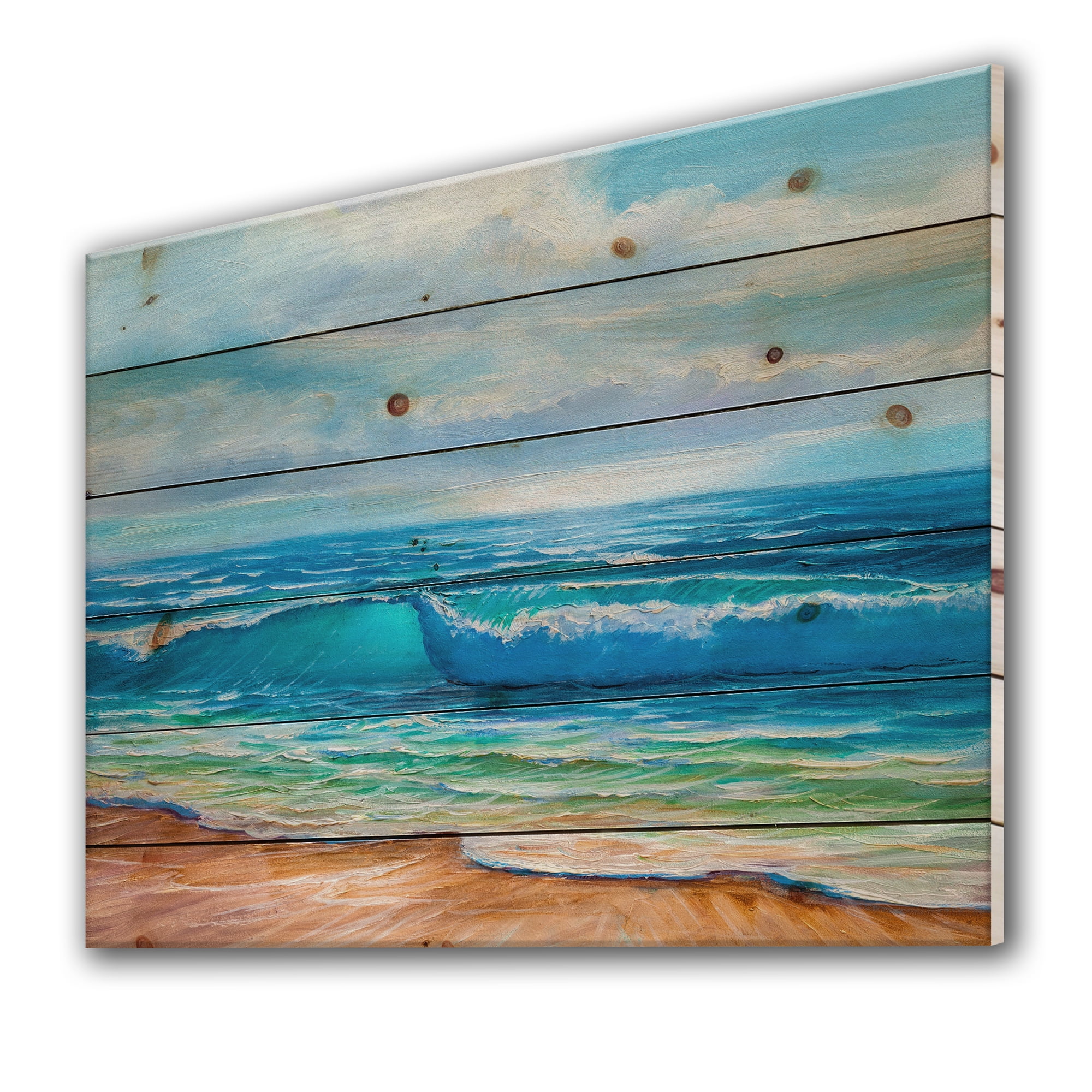 Designart 'Sunshine Reflecting Throug Braking Sea Waves III' Coastal Print on Natural Pine Wood