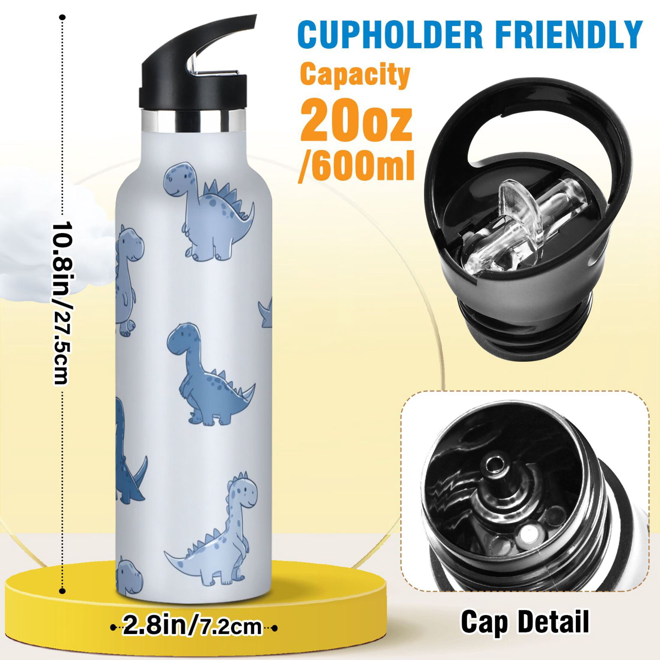 Kids Insulated Stainless Steel Sports Water Bottle 600ml (20oz) Cute Blue Dinosaurs