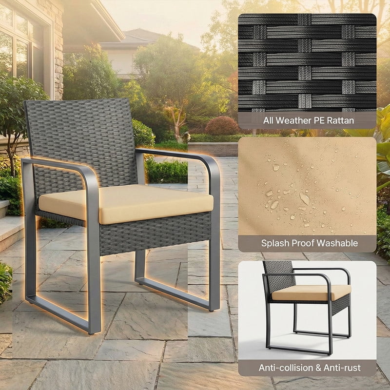 3 Piece All-Weather PE Rattan Patio Bistro Set, Outdoor Wicker Patio Furniture Set, Conversation Chairs with Tempered Glass Table for Balcony Yard Poolside Garden, Beige