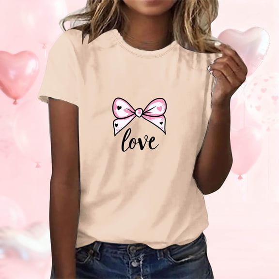 EchfiProm T shirts for Women Valentine Day Graphic Tee Valentine Summer Bow Print Ladies Shirts Cute