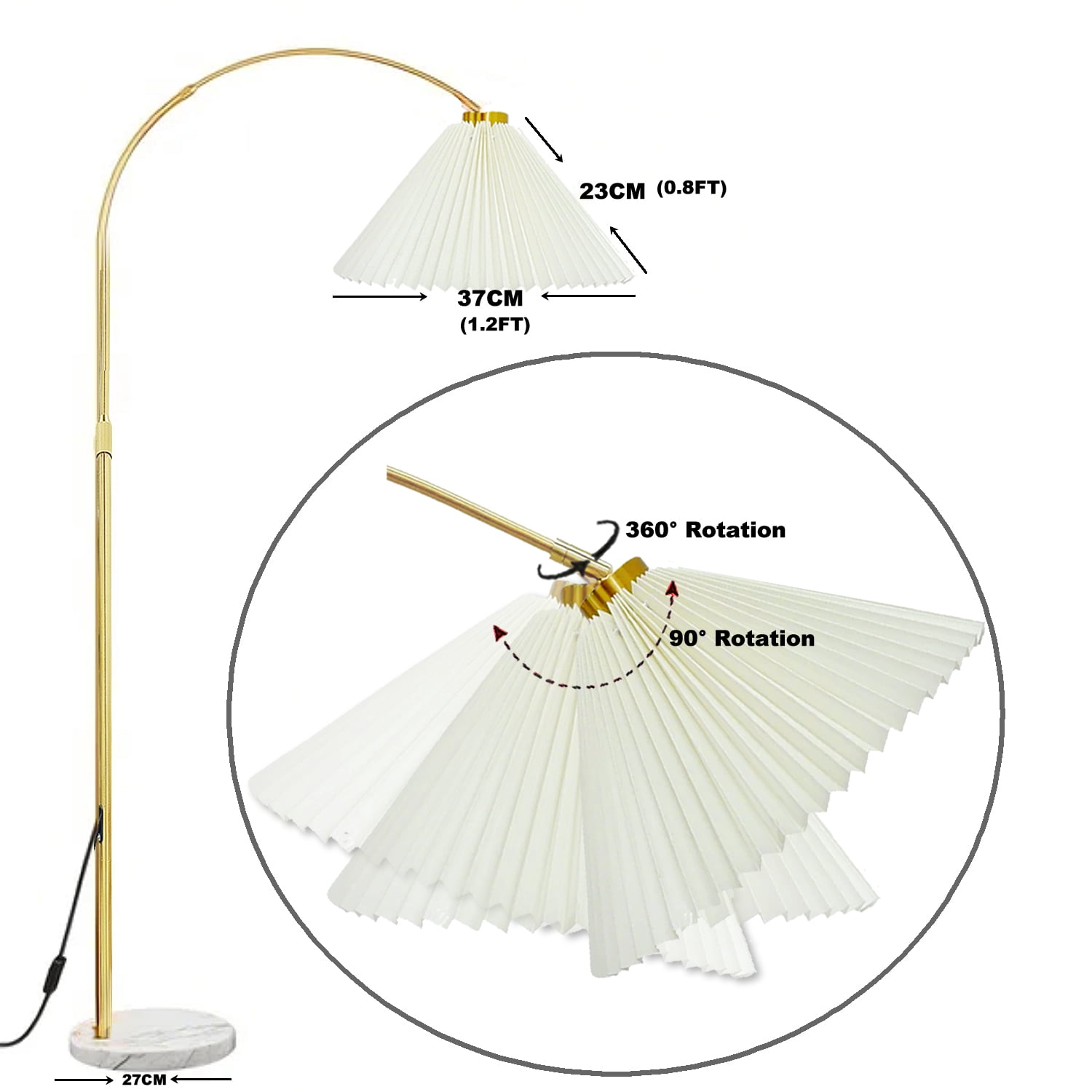 Arc Floor Lamp, 69" Height Standing Lamp, Metal Tall Lamp with Weighted Base Adjustable Hanging Shade for Living Room, Bedroom, Reading, Office - Gold