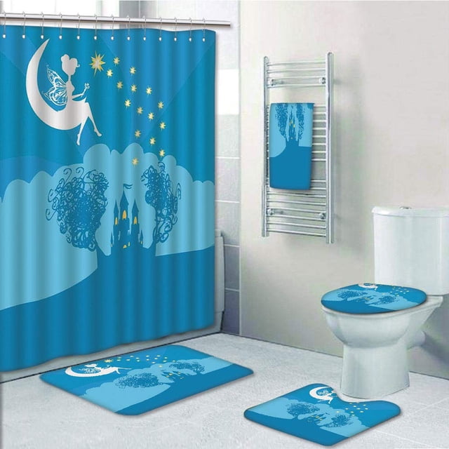 EREHome Ensemble de Salle de Bain 5 Pcs Château Magique Fairy Tale Princess pour Filles avec Pixie Assis sur Croissant de Lune Rideau de Douche Serviette de Bain Tapis de Bain Tapis Contour et Housse de Couvercle de Toilette