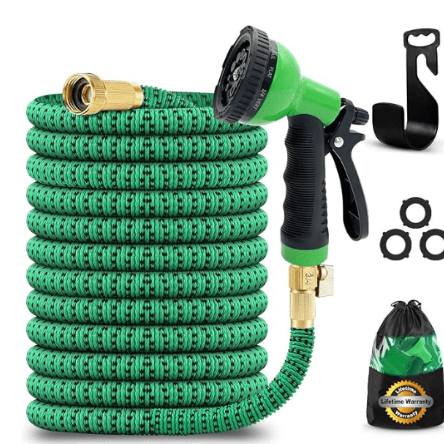 100ft Expandable Garden Hose with Holder - Heavy Duty Superior Strength 3750D - 4 -Layer Latex Core - Extra Strong Brass Connectors and 10 Spray Nozzle w/Storage Bag (Green 100)