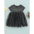 thumbnail image 2 of Little Girls Short Sleeve Round Neck Ribbed Stitching Fluffy Hem Summer Casual A-Line Dress, 2 of 8