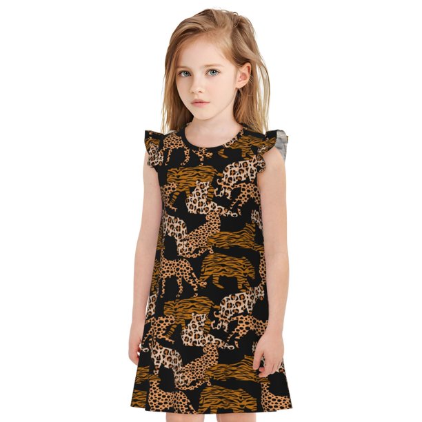 Balery Leopard Print Camisón de princesa para niñas, pijama de algodón con mangas abullonadas, suave y bonito.-Small