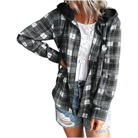 

Women s Hooded Cardigans Plaid Drawstring Long Sleeve Tops Casual Single Breasted Hoodies Coats Outwear