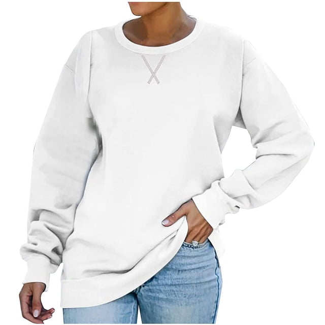 T-shirt Ample pour Femmes à Manches Longues, Blouse à Col Rond, Hauts Décontractés, Chandail en Molleton