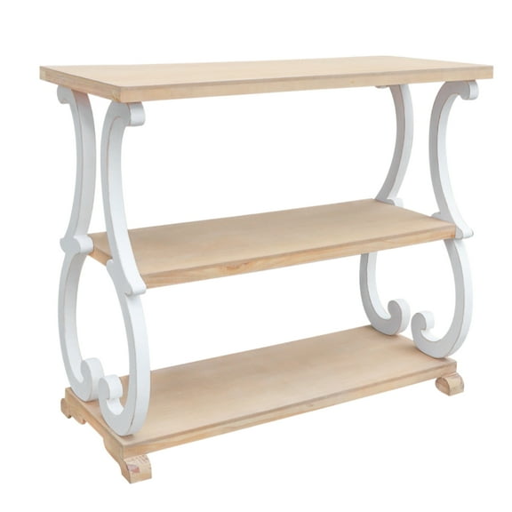 Parisloft Farmhouse Rustic 3-Tier Shelved, Curved Legs Console Table, Natural Wood/White