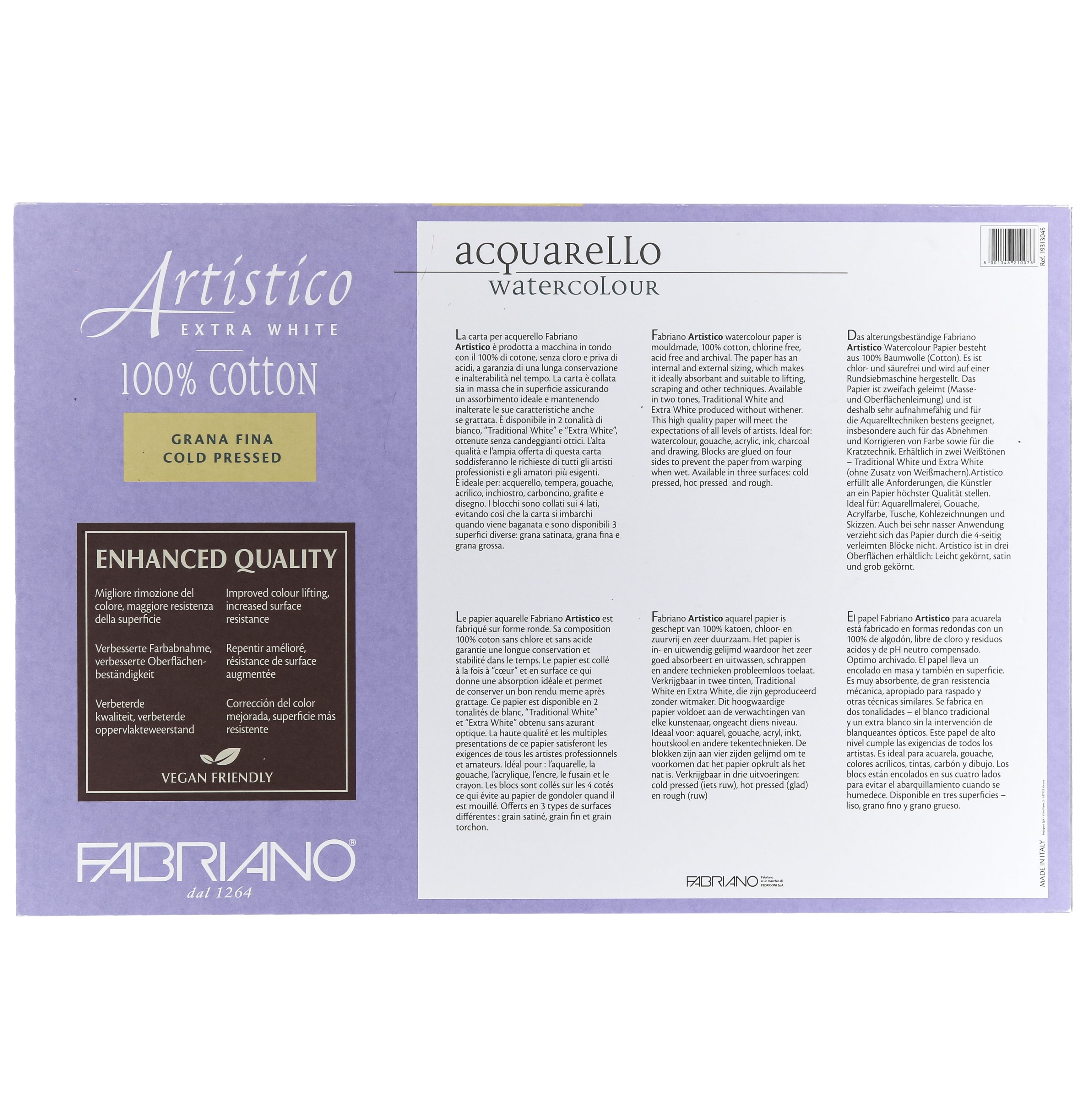 Fabriano Artistico Extra White Watercolor Block, 140 lb./300 gsm, Cold Press, 20 Sheets, 12" x 18"