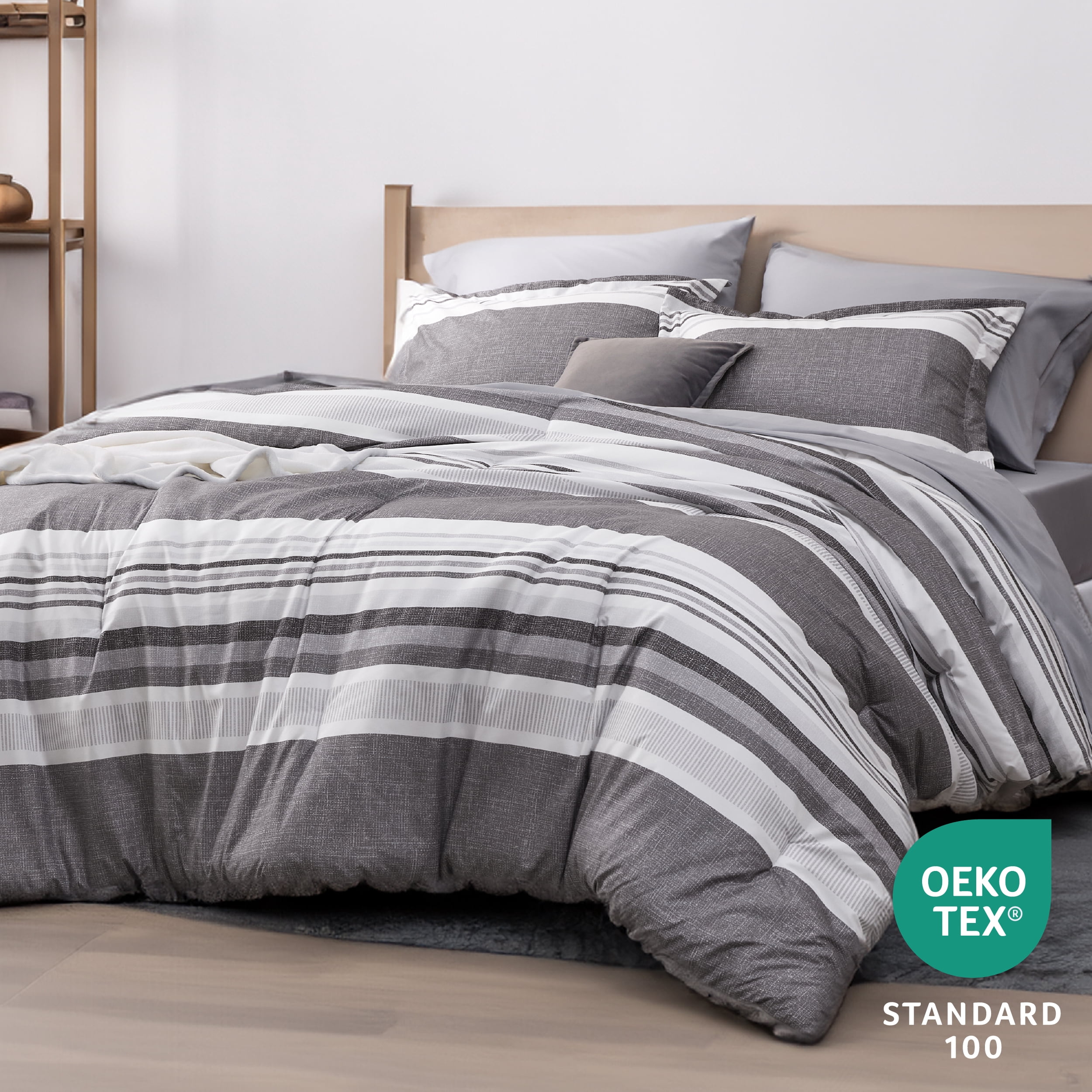 U by Bedsure Full Comforter Set - 7 Pieces Grey White Striped Bedding Sets Full Bed in A Bag with Comforters Full Size, Sheets, Pillowcases & Shams, Bed Sets