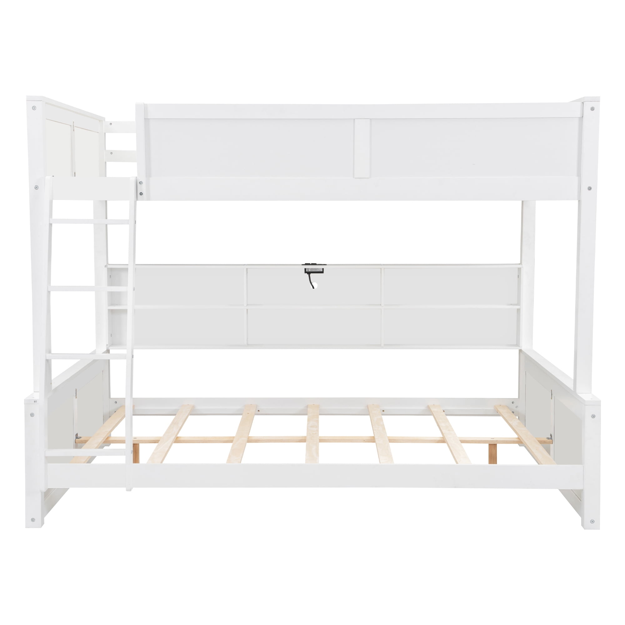 Full XL over Queen Bunk Bed with 6 Storage Cabinets on the Side, USB Ports & Outlets – Solid Pine & MDF Bed Frame with Guard Rails, No Box Spring Needed, Space-Saving Design