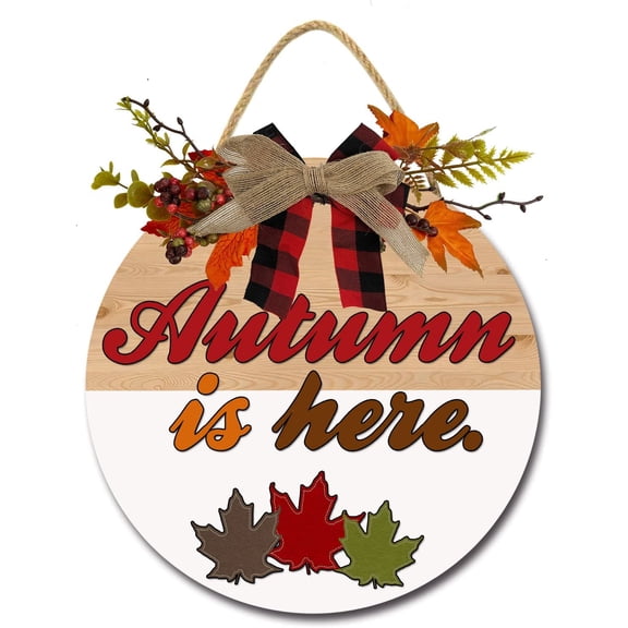 Eveokoki 11" Autumn Is Here Wooden Door Sign, Welcome Front Door Plaque Hanger Home Decoration for Farmhouse Office Coffee Shop,Hanging Sign Board with Hanging String for Home Decor