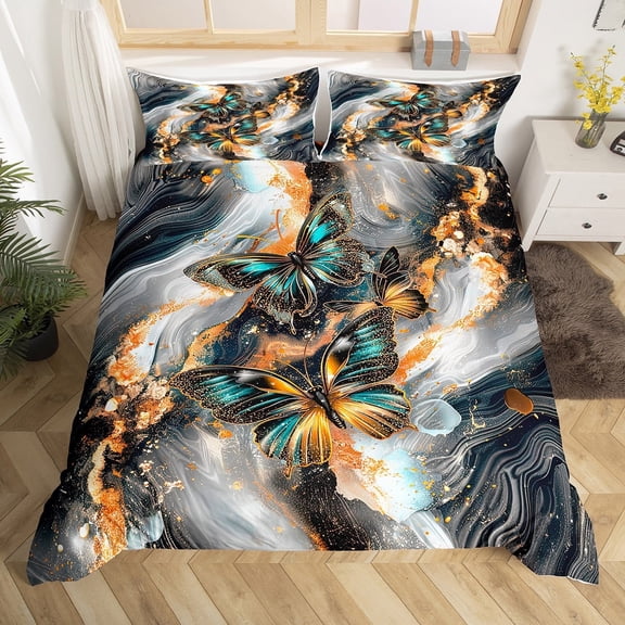 Black Marble Duvet Cover Set Teal Butterfly Queen Bedding Sets,Orange Marbling Comforter Cover Abstract Ombre Ink Fluid Art Bed Set,Rustic Animal Dreamy Butterflies Room(No Comforter)