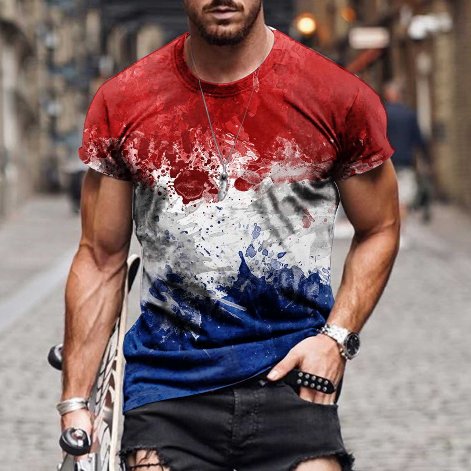 July T Graphic YYDGH Workout Casual XL Flag American Tops Red Shirt Dark Men\'s Vintage Day Fashion of 4th Independence