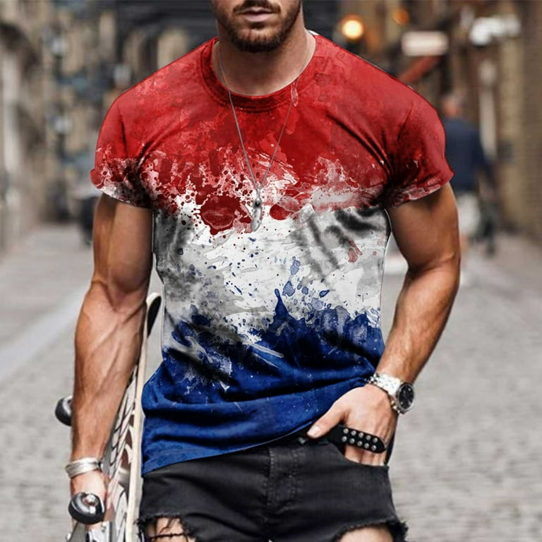 4th of July Shirts for Men,Summer Casual Personality Usa Flag Print Muscle T  Shirt Mens 3D Printed Cool Design Street Shitr 