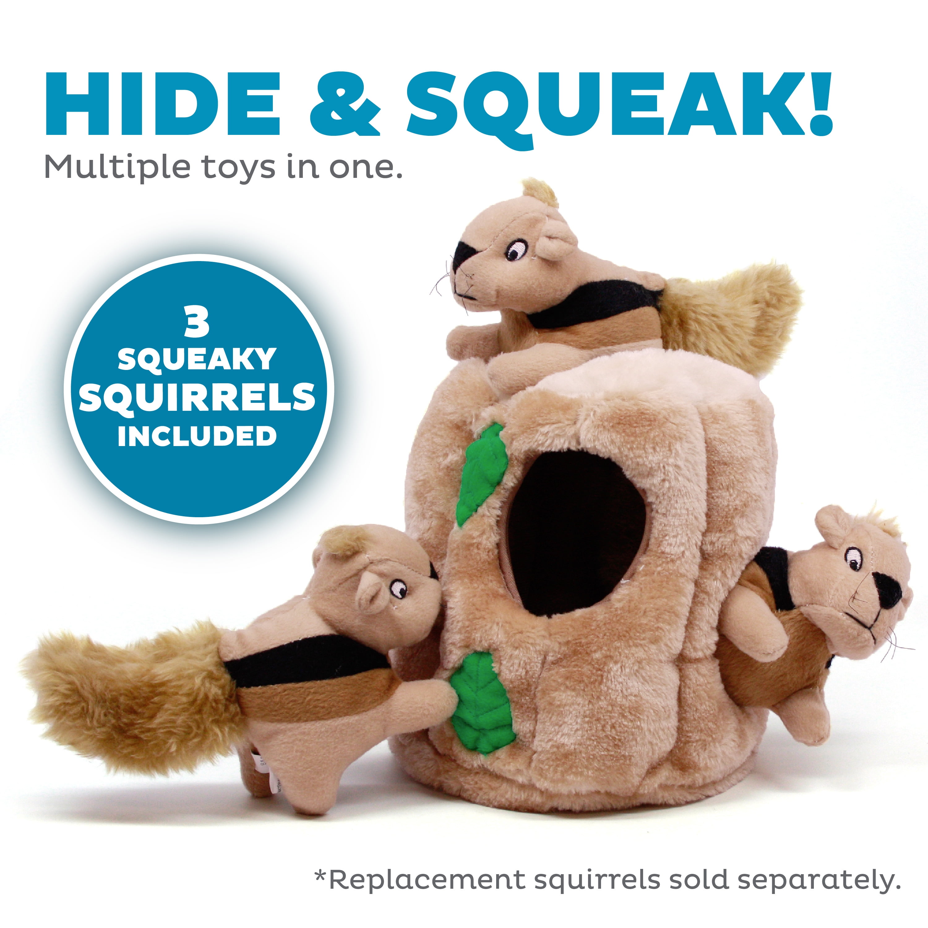 Outward Hound Hide-A-Squirrel Dog Toy – Interactive 2‑in‑1 Plush Puzzle with 3 Squeaky Removable Squirrels, Large