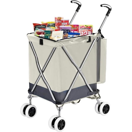 Foldable Rolling Grocery Trolley with 360° Swivel Wheels and Waterproof Removable Canvas Bag with Cover