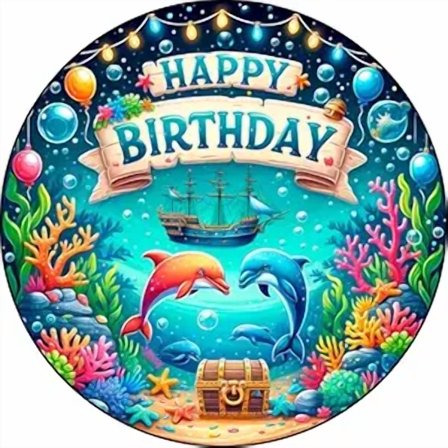 6" Pre-Cut Round Under The Sea Dolpin Treasure Happy Birthday Edible Image Cake Topper By TNCT