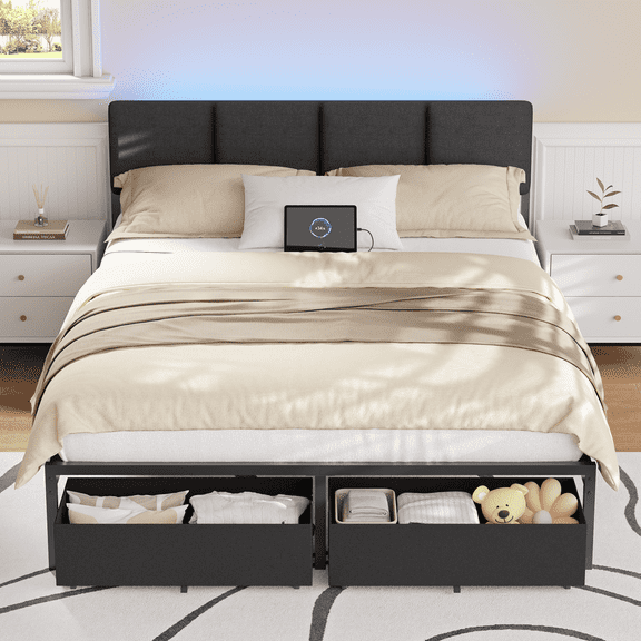 Satifur Queen Bed Frame with 2 Drawers & 2 USB Ports and Outlets, No Box Spring Needed