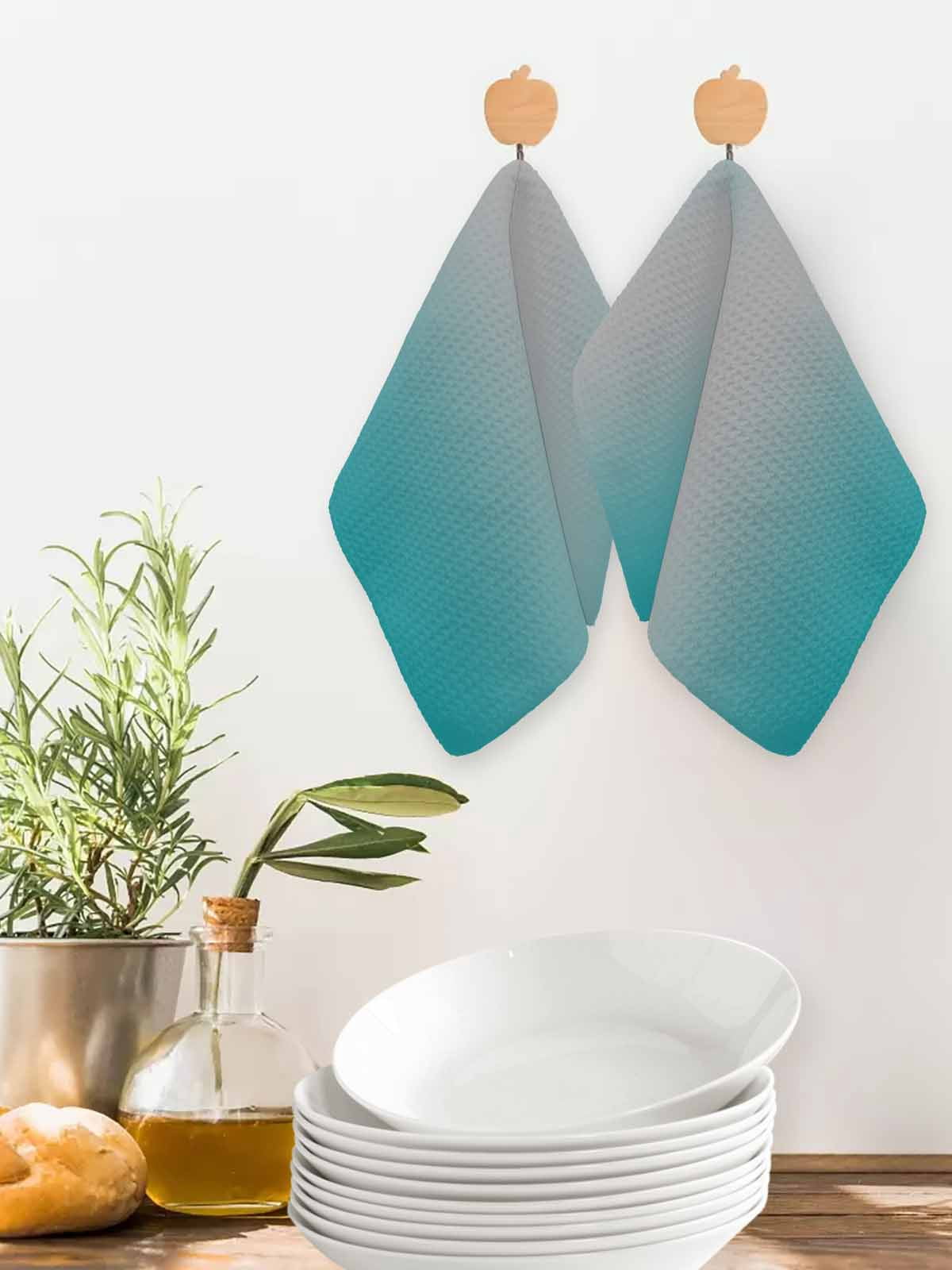 Teal Grey Ombre Kitchen Dish Towels for Drying Dishes Set of 4, Gradient Contemporary Abstract Art Waffle Weave Microfiber Hand Tea Bathroom Towels Quick Dry & Absorbent Towel 12x12