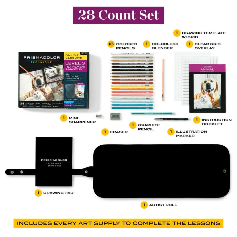 Prismacolor Technique, Art Supplies and Digital Art Lessons, Animal Drawings  Set, Level 3, How to Draw Animals with Colored Pencils, and More, Includes  Artist Roll Case, Dog, Cat & Pet Lesson, 28