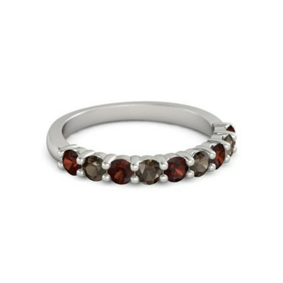 925 Sterling Silver Round 2.50 MM Garnet Smoky Quartz Half Eternity Women Ring