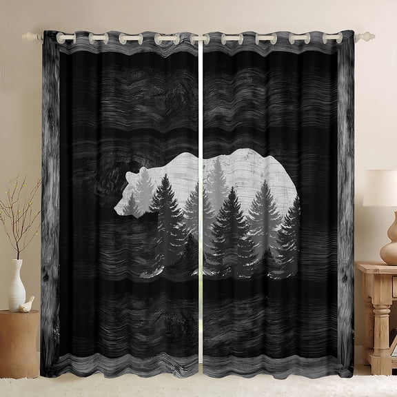 Homewish Jungle Wildlife Bear Black Out Curtains for Teens Boys Girls,Black Grey Curtains Pack of 2 (42x63 Each),Vintage Retro Aesthetic Bedroom Curtains,Luxury Bedroom Decor