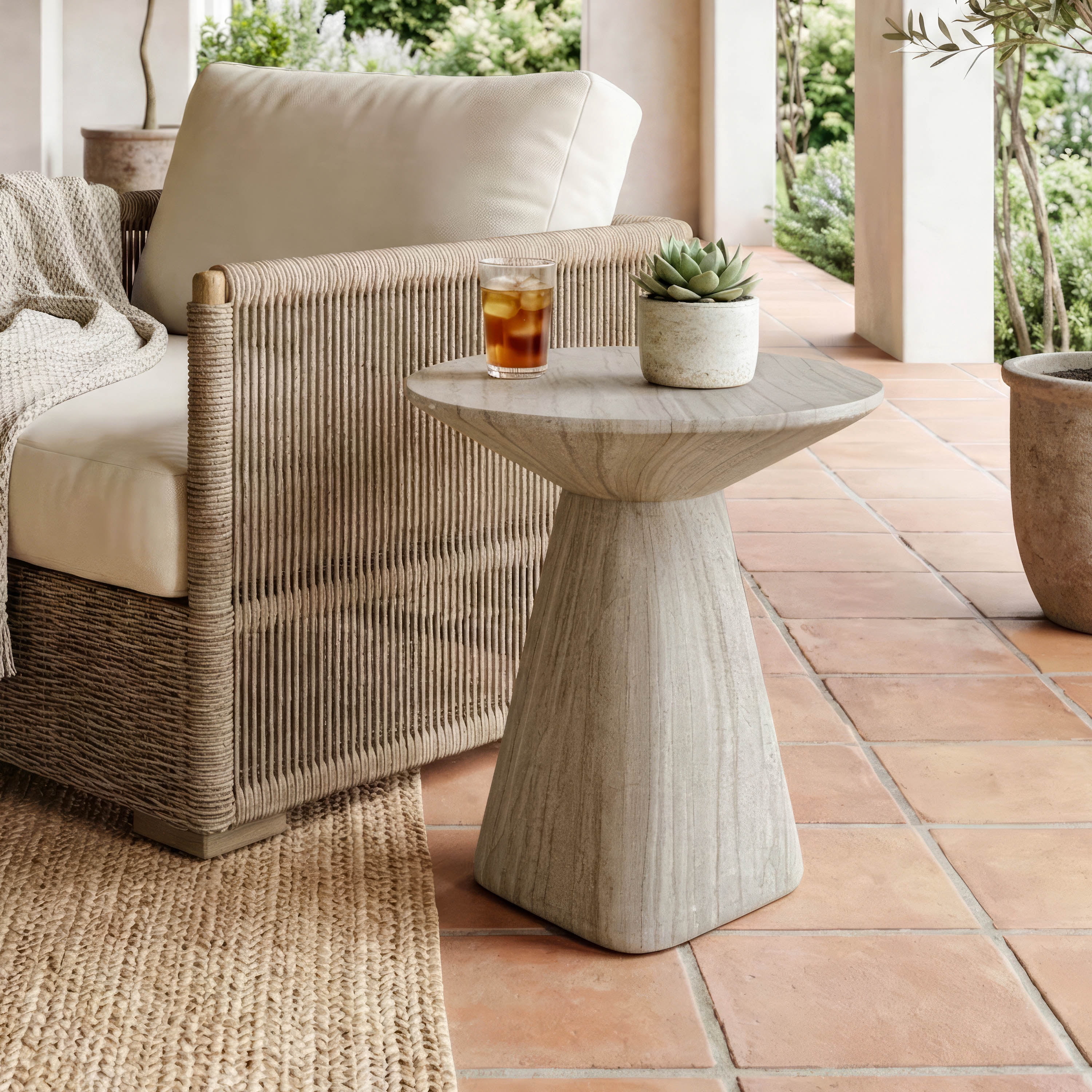 Furniture of America Isla Modern Stone Indoor & Covered Patio Round Sculptural Pedestal End Table, Beige Travertine