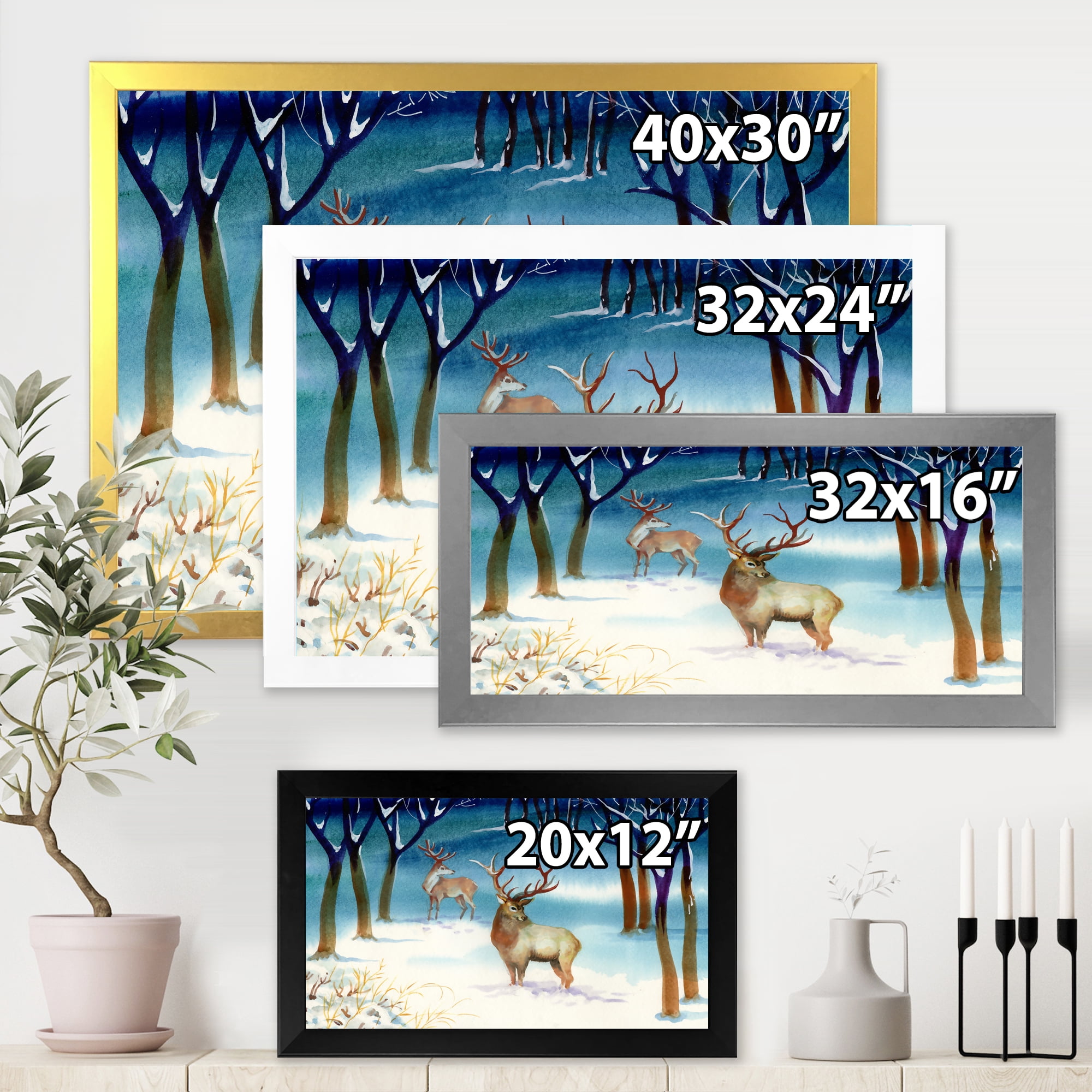 Designart 'Deers With Winter Landscape' Traditional Framed Art Print