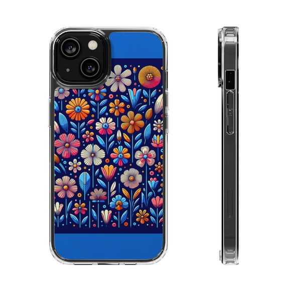 DistinctInk Hybrid (Acrylic / TPU) Clear Slim Fit Case for Apple iPhone 13 MINI (5.4" Screen) - "Bright Blooms: Minimalistic Cartoon Flowers Pattern"
