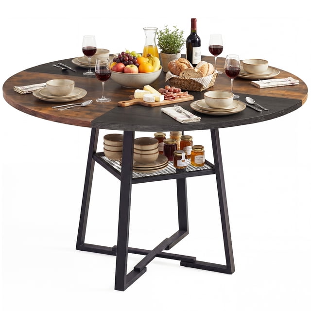 Gymax Round Dining Table for 4-6 47.5'' Dining Room Table w/Storage Shelf & Metal Legs Rustic Brown & Black